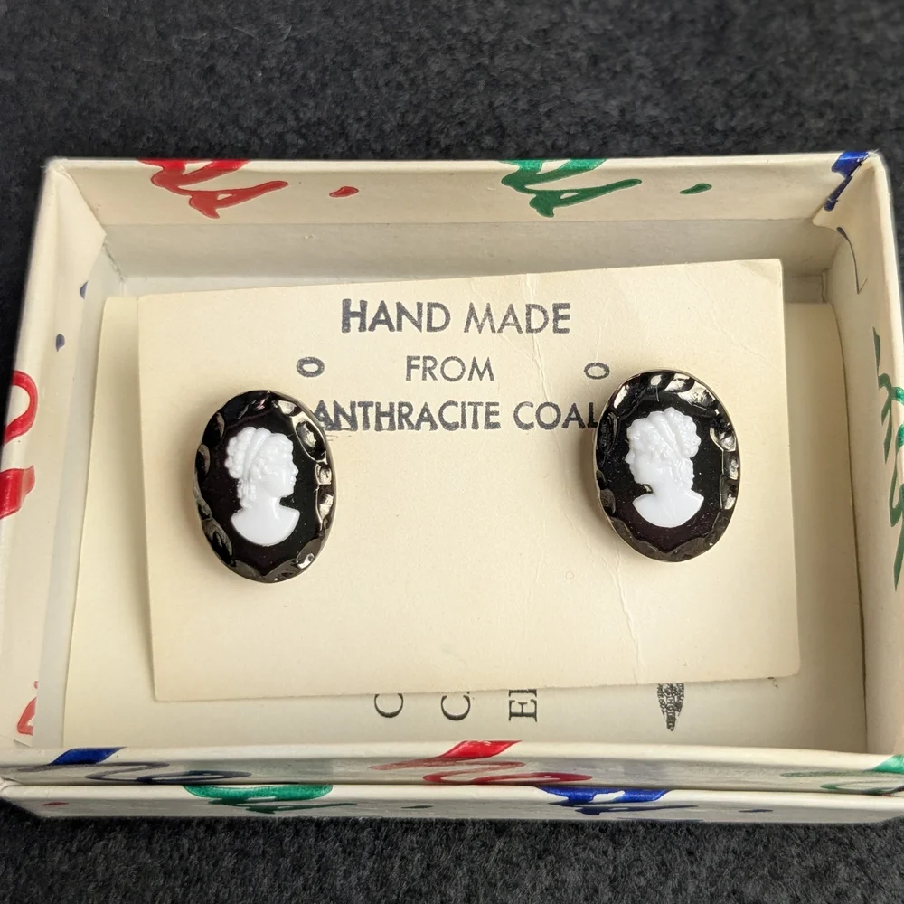 Unique Black and White Cameo Coal Earrings